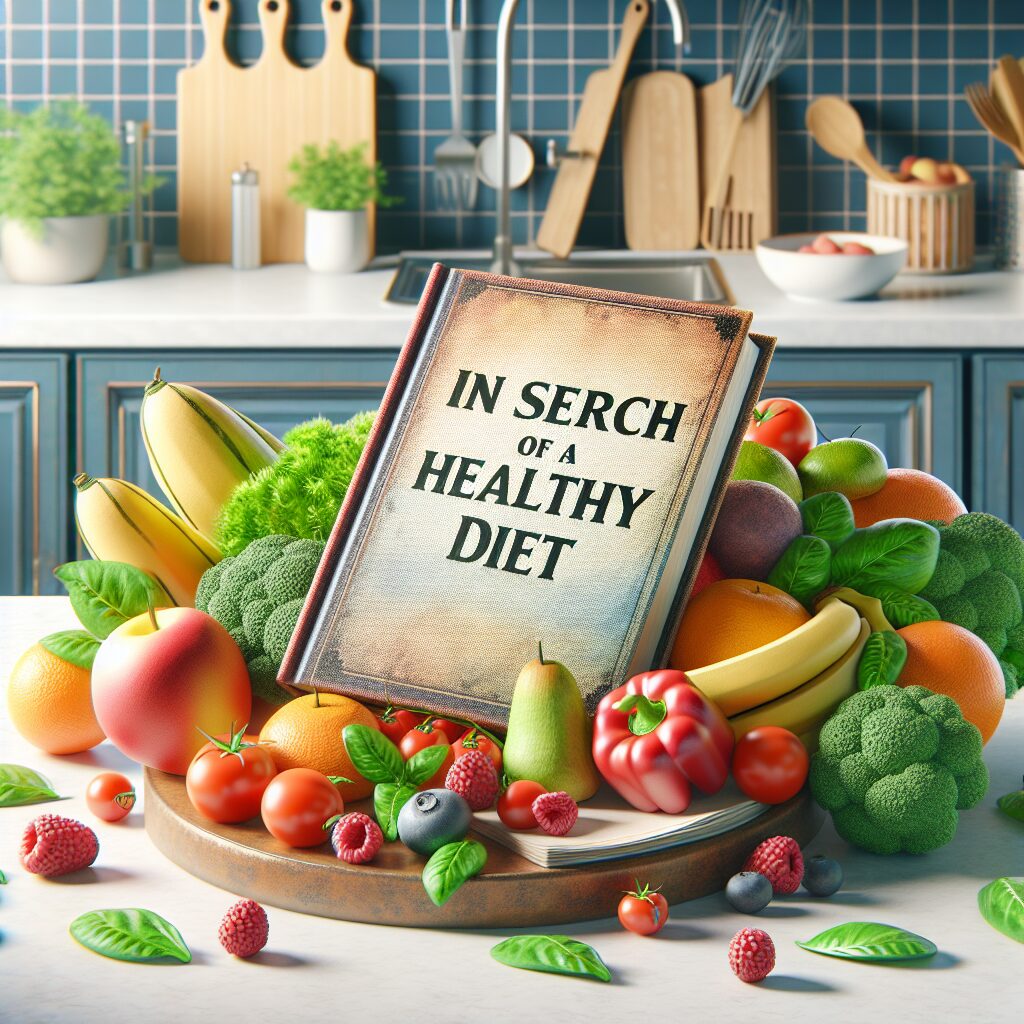 Libro sobre dieta saludable rodeado de frutas y verduras.