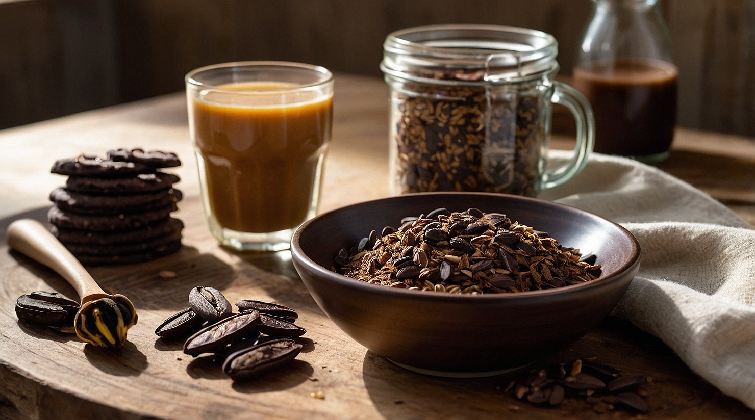 Café, galletas de chocolate y granos en mesa rústica.