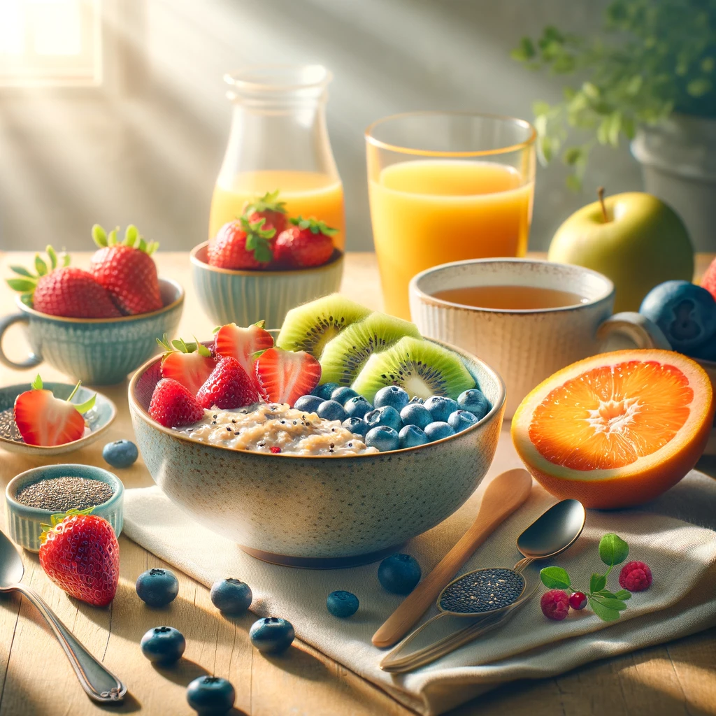 Desayuno saludable con frutas y cereales.