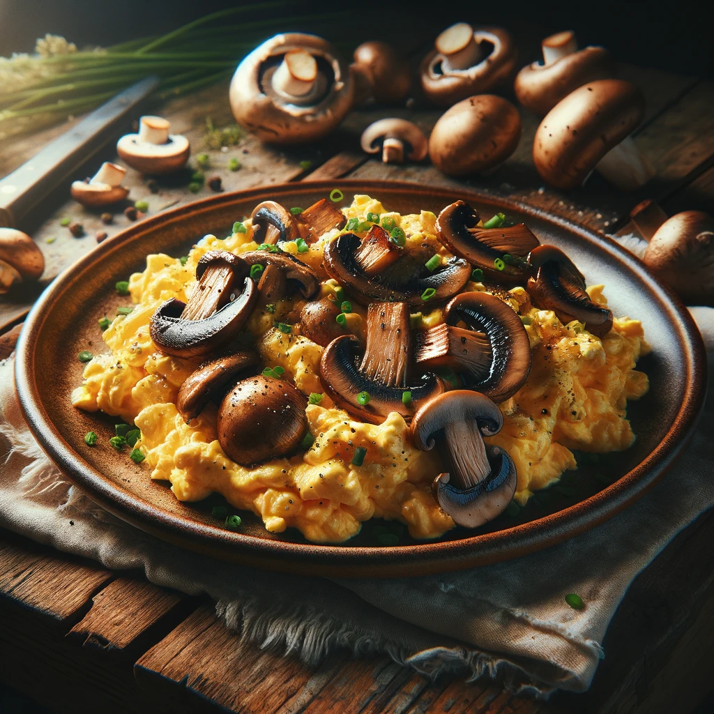 Revuelto de huevos con champiñones y cebollino.