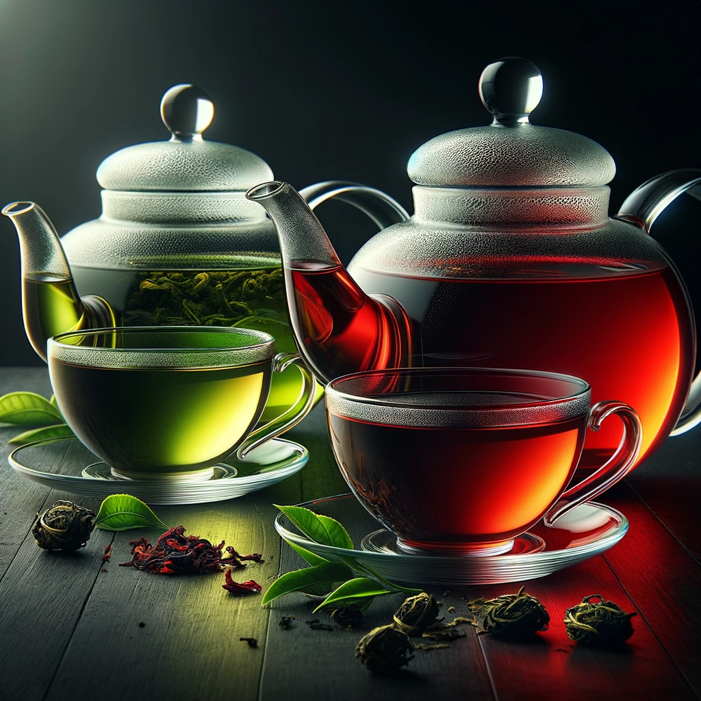 Teteras y tazas de té verde y rojo