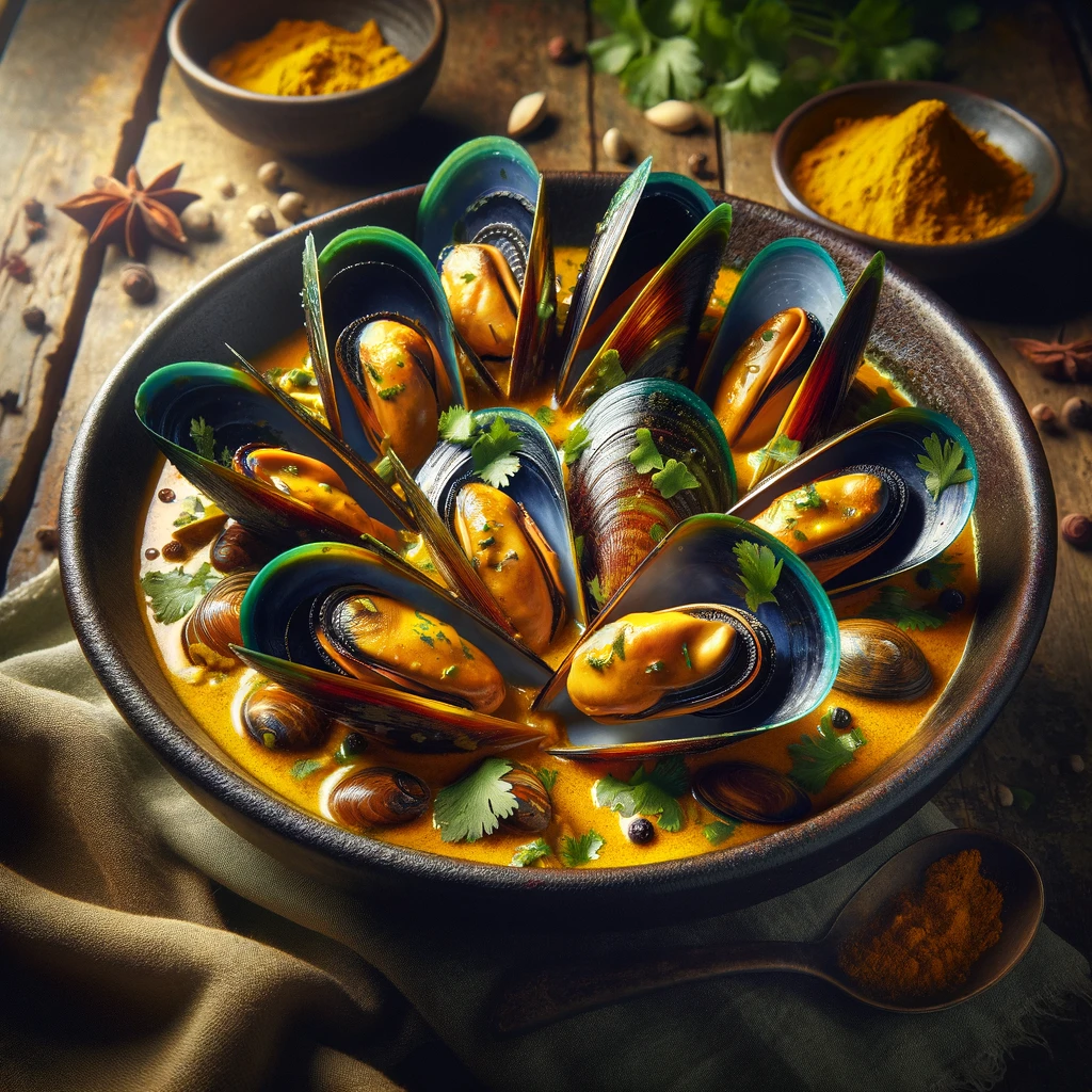Mejillones en salsa de curry especiado.