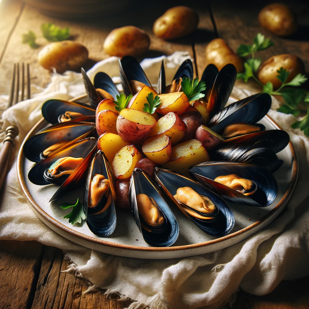 Plato de mejillones con patatas y perejil.