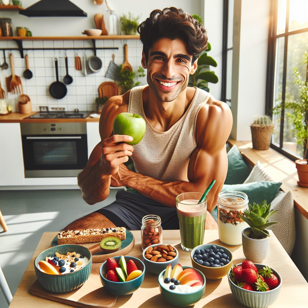 Hombre sonriente con comida saludable en cocina.