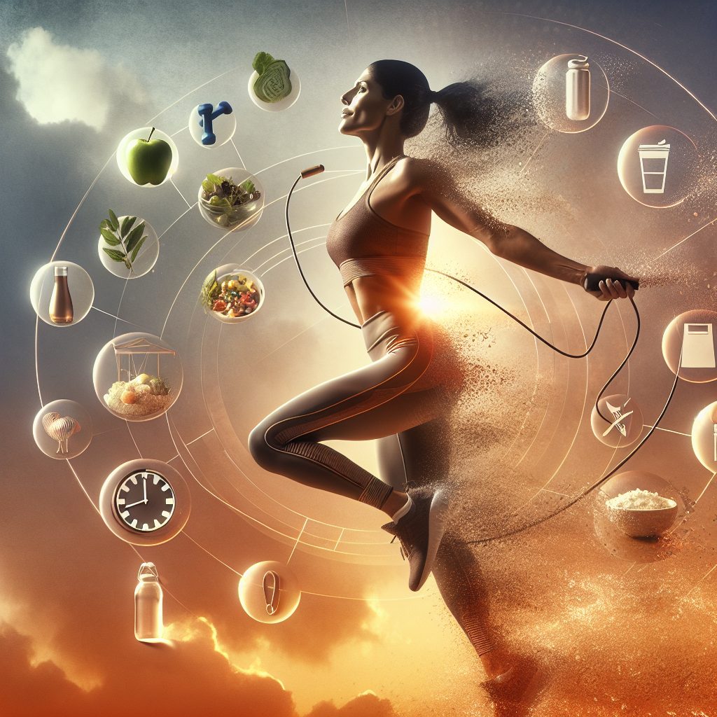 Mujer haciendo ejercicio con alimentos saludables flotantes.